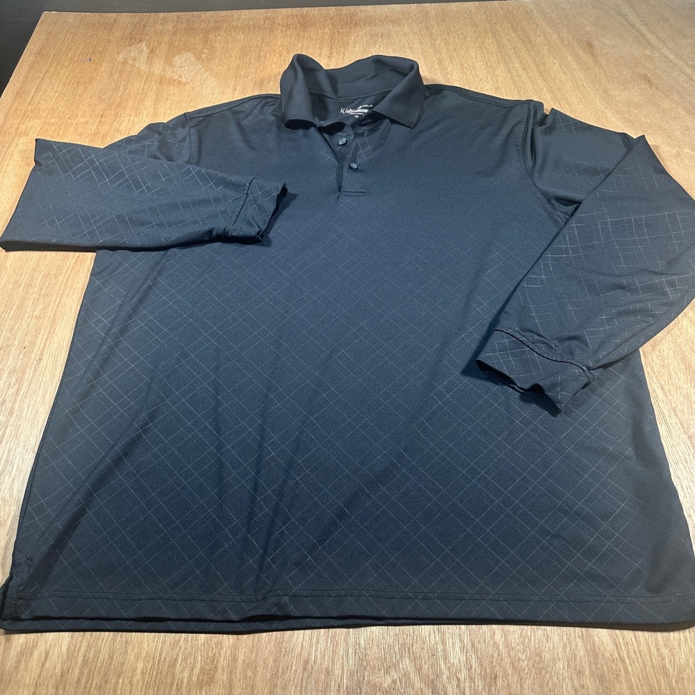 Walter Hagen Polo Shirt Mens XL Black Hydro-Dri Long Sleeve Diamond Grid Golf